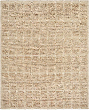 Close-up of the Keegan Area Rug. Hand-woven wool rug in beige, sandstone, and taupe with a textured, geometric pattern. Design-Rectangle-810
