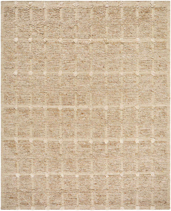 Close-up of the Keegan Area Rug. Hand-woven wool rug in beige, sandstone, and taupe with a textured, geometric pattern. Design-Rectangle-810