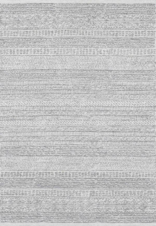 Close-up of the Kinmundy Tufted Maroc Wool Rug, showcasing its gray, ivory, and dark brown Moroccan-inspired striped pattern. Design-Rectangle