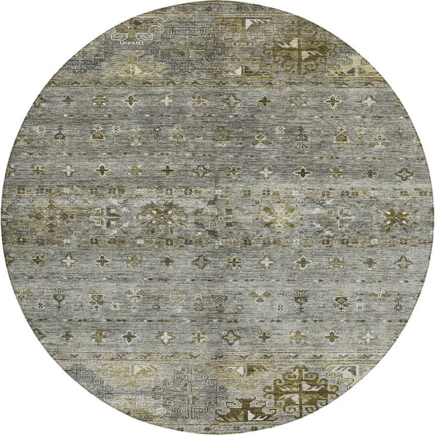 Round Dalyn Karaj KJ5 Pewter Washable Area Rug with traditional beige, gray, and green farmhouse pattern.