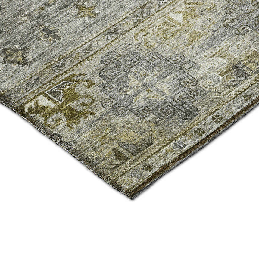 Close-up of the Dalyn Karaj KJ5 Pewter Washable Area Rug. Features a traditional design with beige, green, and gray tones.