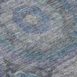 Close-up of Dalyn Karaj KJ6 Blue Washable Area Rug. Denim, light blue, purple, and gray farmhouse traditional rug.