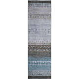 Close-up of a Dalyn Karaj KJ7 Blue Washable Area Rug runner with a farmhouse style and dark brown, light blue, and gray tones.