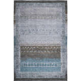 Detailed view of a Dalyn Karaj KJ7 Blue Washable Area Rug. Features farmhouse style, traditional patterns, and colors like blue, gray, and brown.