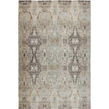 Close-up of the Dalyn Karaj KJ9 Linen Washable Area Rug. Beige, brown, and gray traditional pattern with a distressed look.