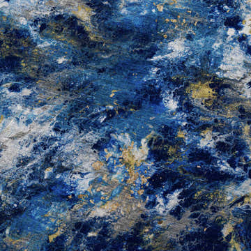 Close-up of Dalyn Machine Kikiamo KK17 Pacifica Washable Area Rug. Features blue, gold, and gray abstract pattern.