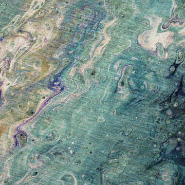 Close-up of Dalyn Machine Kikiamo KK4 Lagoon Washable Area Rug featuring aqua, teal, purple, and chestnut hues.