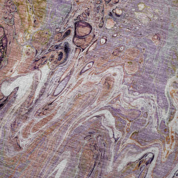 Close-up of the Dalyn Kikiamo KK6 Primrose washable rug. Abstract design in chestnut, pale pink, pink, primrose, and purple.