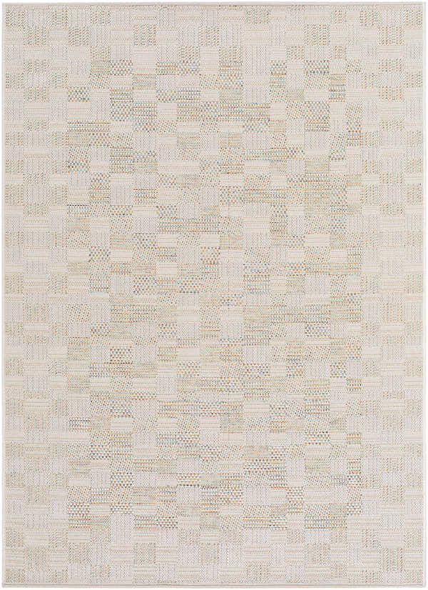 Close-up of the Arshad Ivory Area Rug. Beige, tan, and light gray woven in a geometric, checkered pattern. Design-Rectangle-537