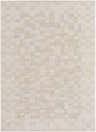 Close-up of the Arshad Ivory Area Rug. Beige, tan, and light gray woven in a geometric, checkered pattern. Design-Rectangle-537