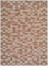 Close-up of the Arshad Burnt Sienna Area Rug. Features a geometric block pattern in burnt sienna, ivory, and terracotta. Design-Rectangle-537