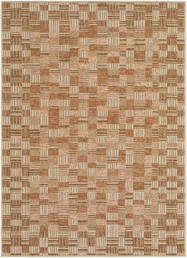 Close-up of Arshad Burnt Sienna Area Rug, featuring a geometric pattern in terracotta, ivory, and sandstone hues. Design-Rectangle-57