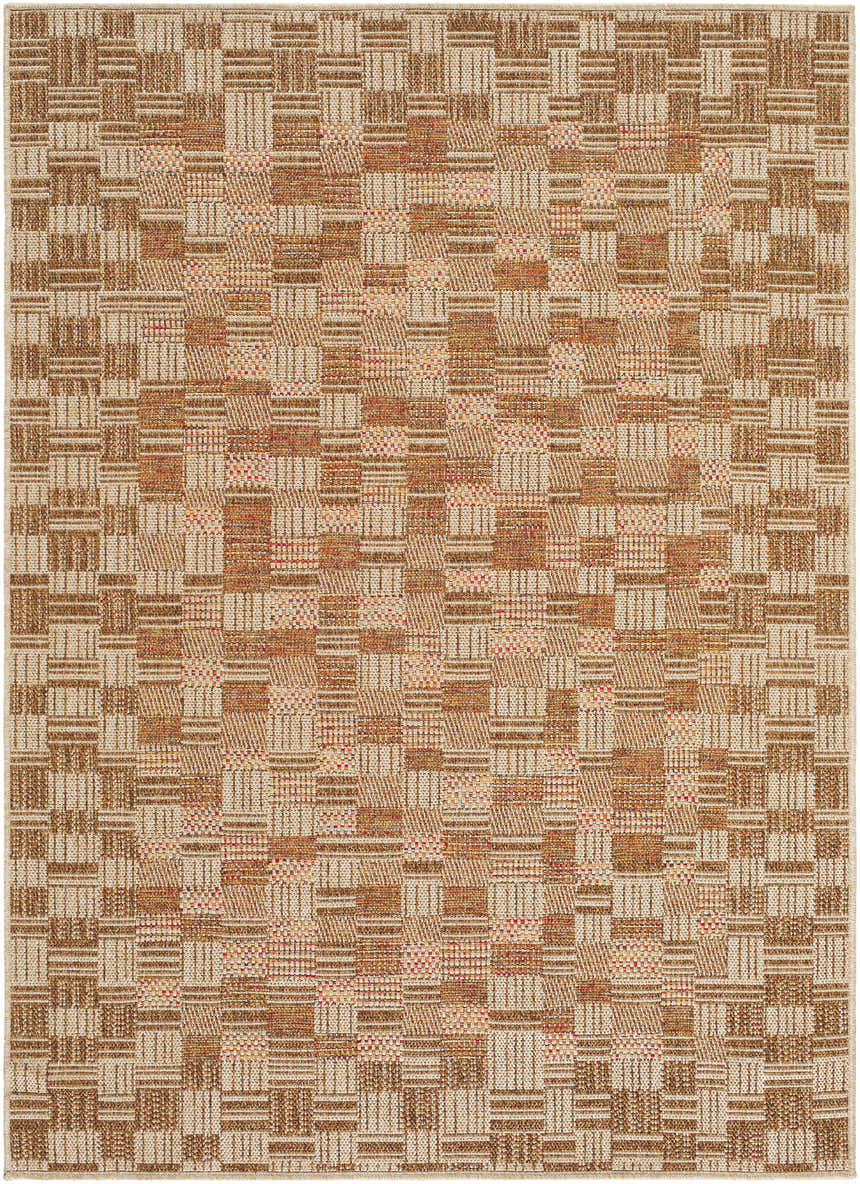Close-up of Arshad Burnt Sienna Area Rug, featuring a geometric pattern in terracotta, ivory, and sandstone hues. Design-Rectangle-57