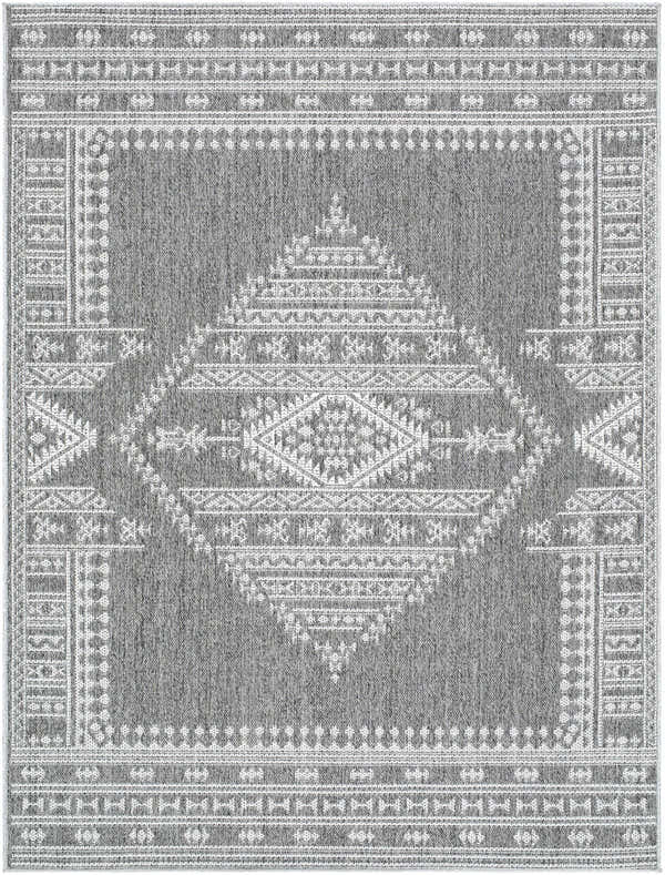 Close-up of the Asuman Area Rug. Gray rug with a white geometric diamond pattern and traditional farmhouse style border. Design-Rectangle-537