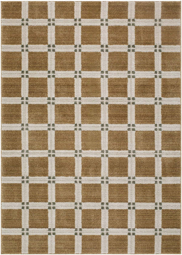 Close-up of the Kalkin Light Brown Area Rug featuring a caramel and ivory square pattern with sage accents. Design-Rectangle-575