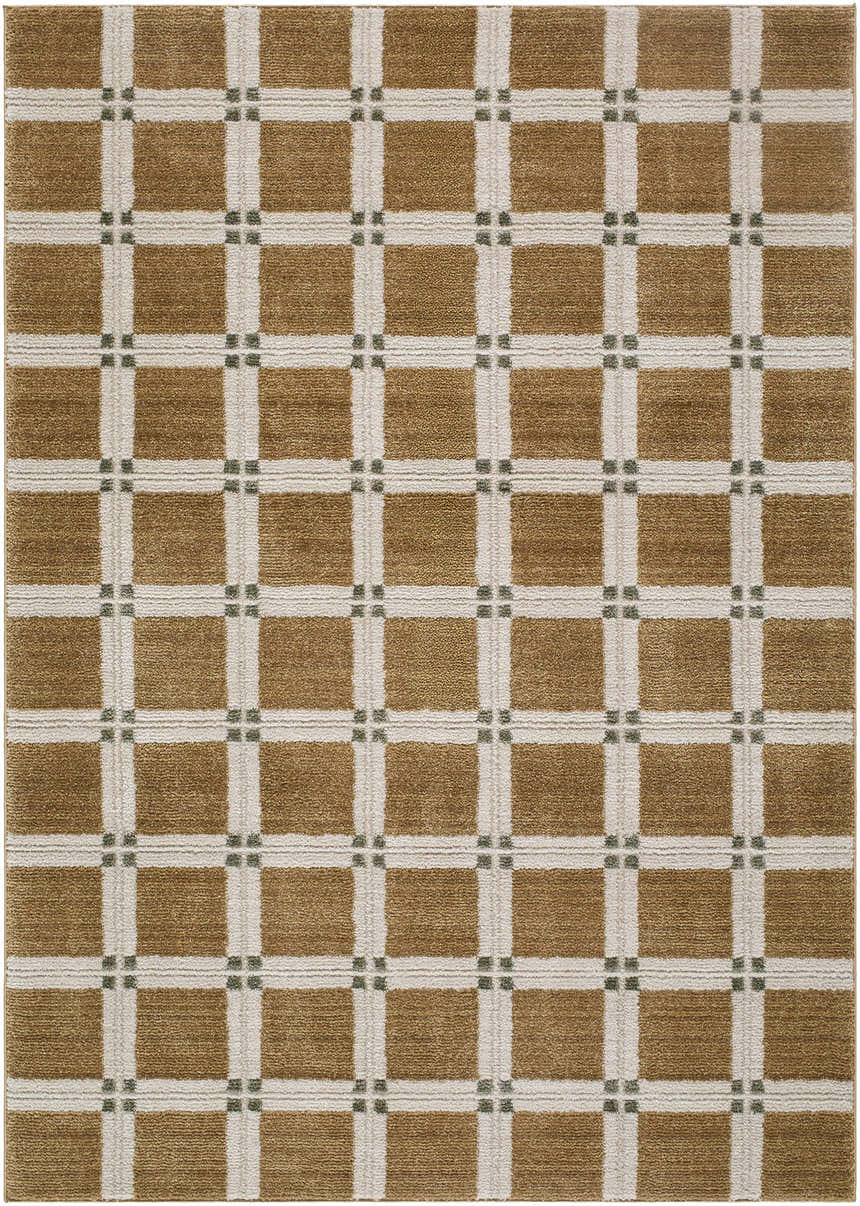 Close-up of the Kalkin Light Brown Area Rug featuring a caramel and ivory square pattern with sage accents. Design-Rectangle-575