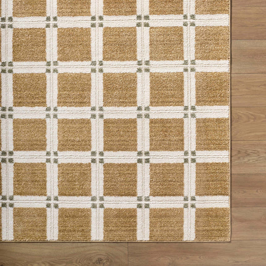Close up of the Kalkin Light Brown Area Rug, a contemporary caramel and ivory grid pattern with sage accents. Corner