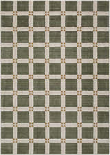 Close-up of the Kalkin Olive Area Rug featuring a contemporary grid pattern in olive green, beige, and tan. Design-Rectangle-575