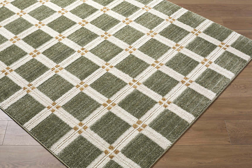 Close-up of the Kalkin Olive Area Rug, featuring a green and ivory diamond pattern with small gold accents. Corner