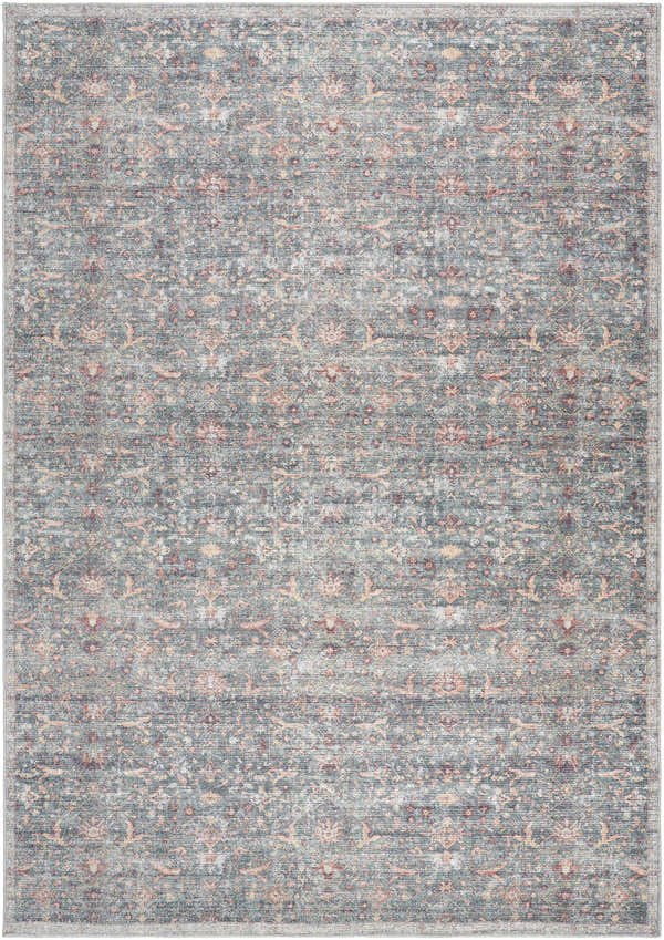 Close-up of the Amasai Area Rug - Vivir x Livabliss. Gray, pink, and sage traditional floral pattern. Machine woven polyester rug. Design-Rectangle
