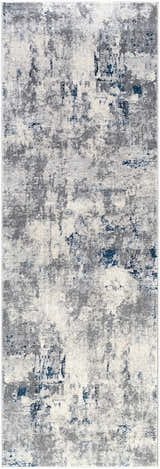Close-up of Livabliss Aisha Surya AIS-2314 area rug with abstract pattern in blue, charcoal, light gray, and off-white. Design-Runner-2777