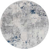 Round Livabliss Aisha AIS-2314 area rug with a contemporary abstract design in blue, charcoal, light gray, and off-white. Design-Round-53