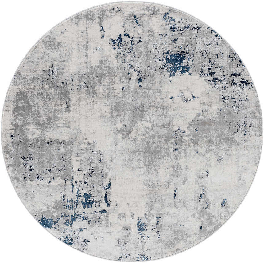 Round Livabliss Aisha AIS-2314 area rug with a contemporary abstract design in blue, charcoal, light gray, and off-white. Design-Round-53