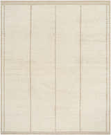 Close-up of the hand-knotted Kimani Area Rug. Ivory wool rug with sandstone vertical stripes and a taupe border. Design-Rectangle-810