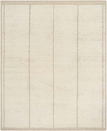 Close-up of the hand-knotted Kimani Area Rug. Ivory wool rug with sandstone vertical stripes and a taupe border. Design-Rectangle-810