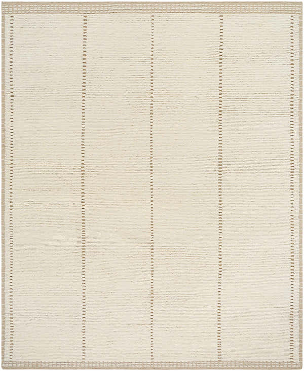 Close-up of the hand-knotted Kimani Area Rug. Ivory wool rug with sandstone vertical stripes and a taupe border. Design-Rectangle-810