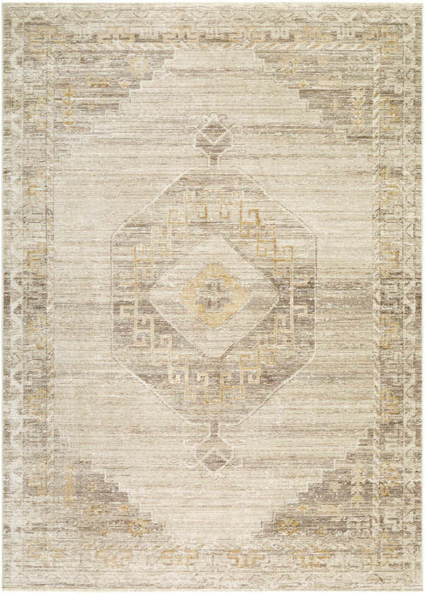 Close-up of the Kalare Tan Area Rug featuring a traditional diamond pattern in light gray, off white, tan, and taupe. Design-Rectangle-679
