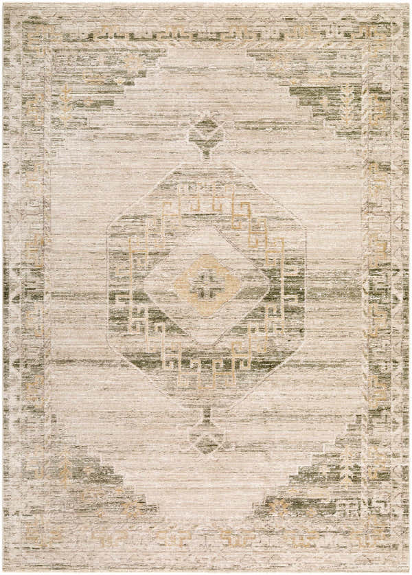 Close-up of the Kalare Olive Area Rug showing its traditional, farmhouse-style pattern in olive, tan, taupe, and off-white. Design-Rectangle-679