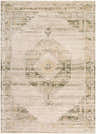 Close-up of the Kalare Olive Area Rug showing its traditional, farmhouse-style pattern in olive, tan, taupe, and off-white. Design-Rectangle-679