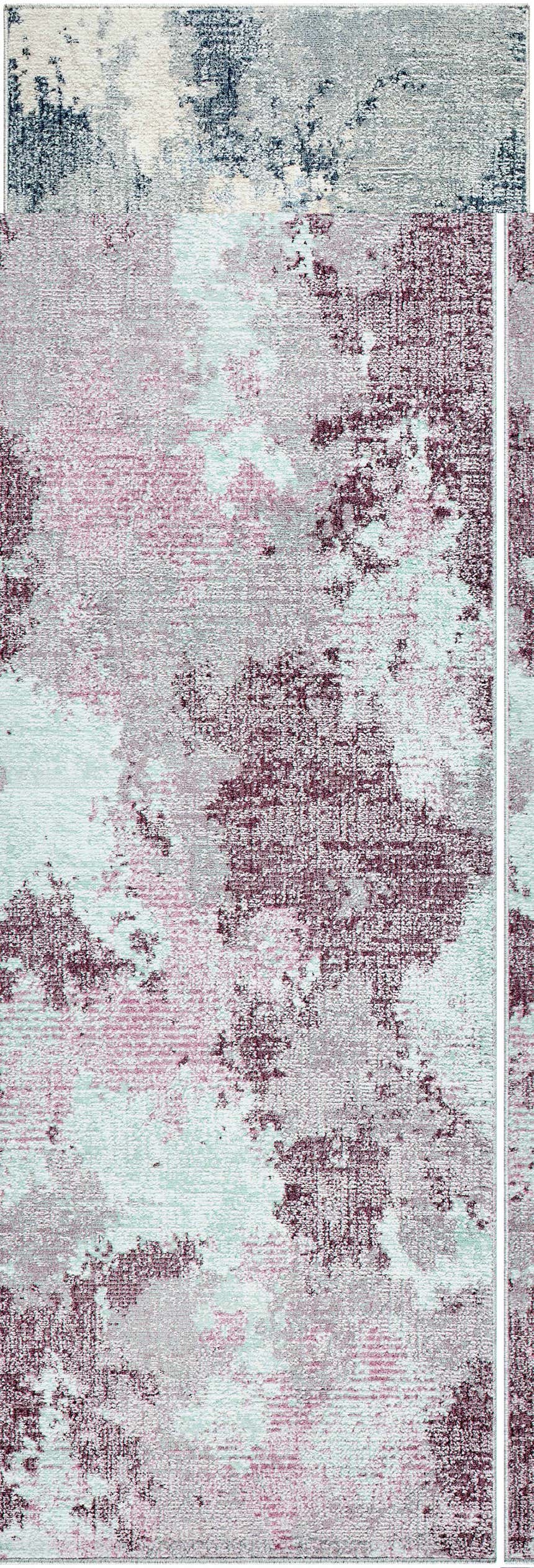 Close-up of the Keme Area Rug, a contemporary design in charcoal, silver, brown, and gray polyester. Abstract pattern and soft texture. Design-Runner-268