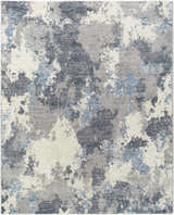 Close-up of the Keme Area Rug - Clearance, featuring a contemporary abstract design in charcoal, gray, and silver tones. Design-Rectangle-71010