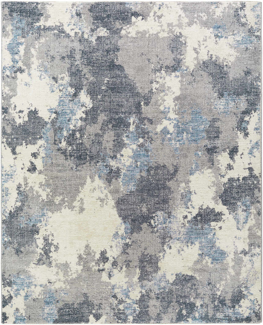 Close-up of the Keme Area Rug - Clearance, featuring a contemporary abstract design in charcoal, gray, and silver tones. Design-Rectangle-71010