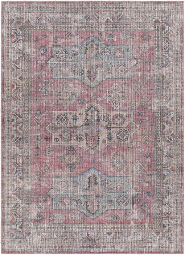 Close-up of the Konak Washable Area Rug, featuring a traditional oriental pattern in aqua, red, taupe, and charcoal. Design-Rectangle-5373