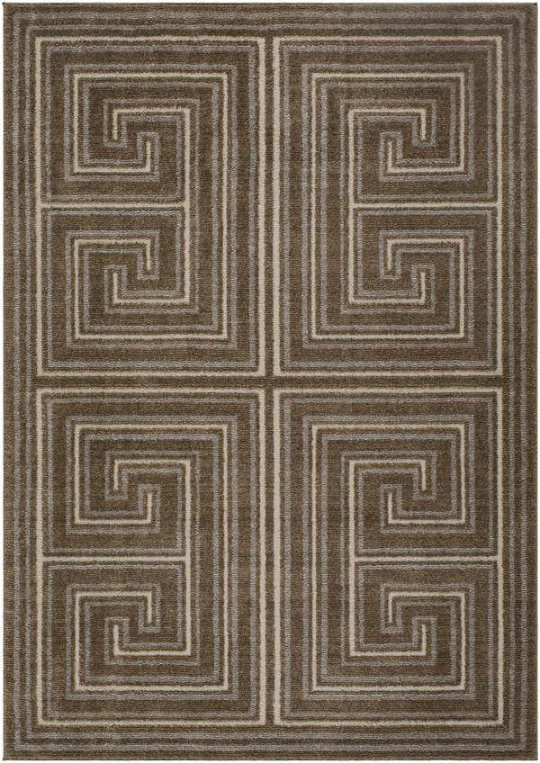 Close-up of the Kekapa Area Rug, showcasing its brown and beige geometric Greek key pattern. Design-Rectangle-575
