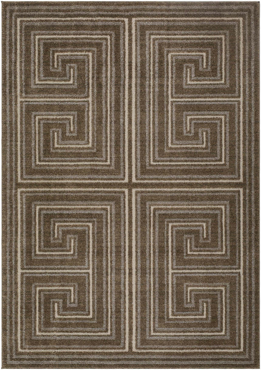 Close-up of the Kekapa Area Rug, showcasing its brown and beige geometric Greek key pattern. Design-Rectangle-575