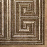Close-up of the Kekapa Area Rug showing a brown and beige Greek key pattern and striped design. Corner