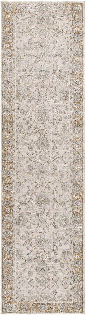 Close-up of the Kerem Cream Thick Luxe Damask Rug, showcasing its cream, gray, and light brown traditional floral pattern. Design-Runner-2710