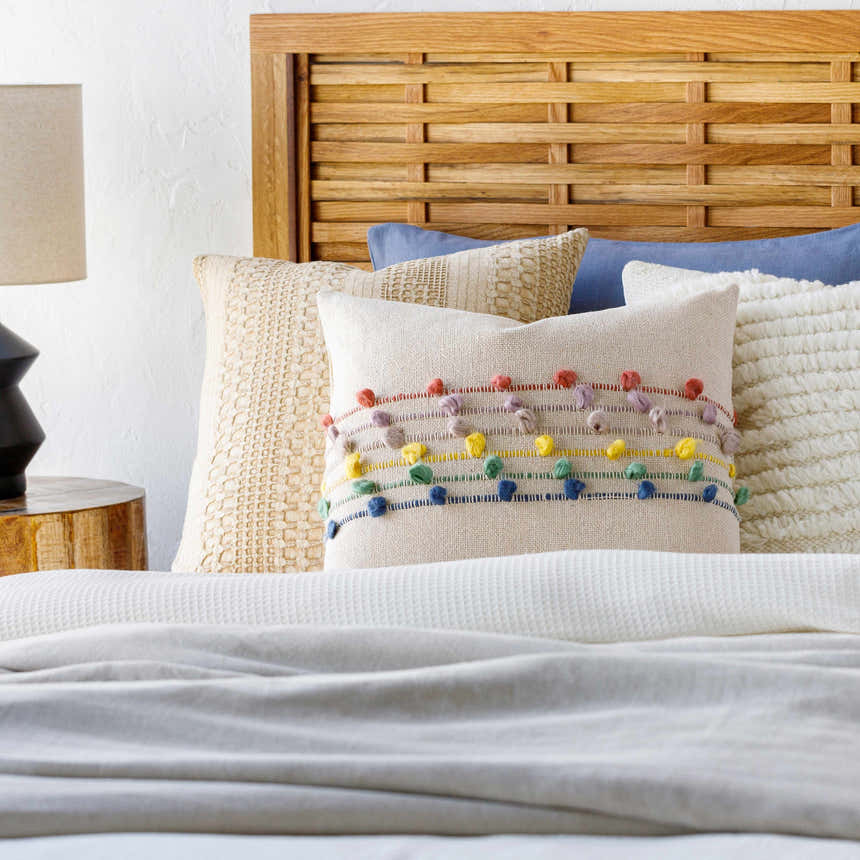Pomira Light Beige Cottage Country Cotton Lumbar Pillow with Multicolor Pom Pom Tassels - Clearance