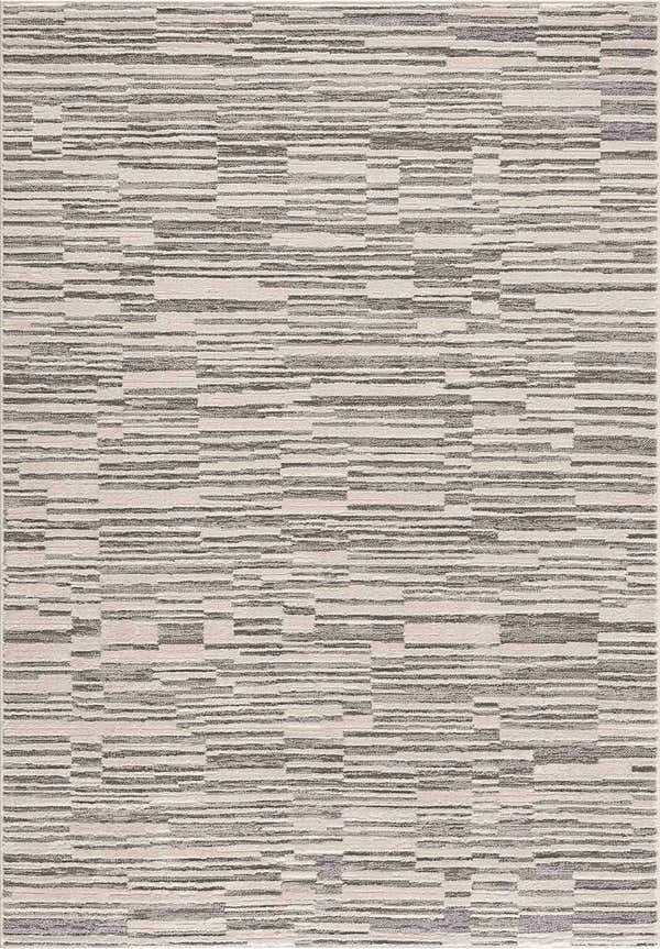 Close-up of the Alexey Gray Broken-Striped Area Rug, featuring a contemporary pattern in ash, silver, and prairie dust hues. Design-Rectangle-5373