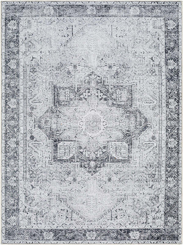Close-up of the Kyan Washable Runner Rug. Features a traditional oriental design in black, gray, and light beige tones. Design-Rectangle-679