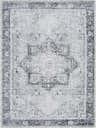 Close-up of the Kyan Washable Runner Rug. Features a traditional oriental design in black, gray, and light beige tones. Design-Rectangle-679