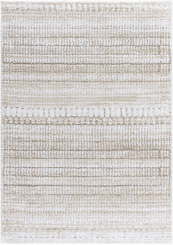 Close-up of the Akande Shag Area Rug. Ash, light silver, and silver gray shag rug with a subtle horizontal pattern. Design-Rectangle-537