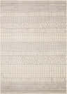 Close-up of the Lascassas Neutral Area Rug, showcasing its bohemian-inspired gray and off-white geometric pattern and textured design. Design-Rectangle