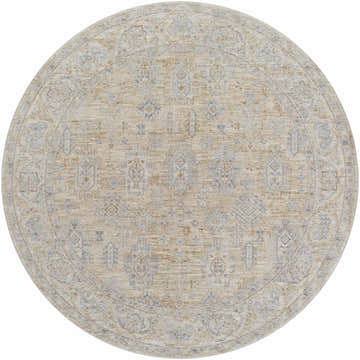 Round Coby Cream Avant Garde rug with traditional oriental design in brown, dusty sage, and gray hues. Luxe polyester texture. Design-Round-67