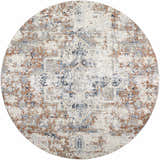 Close-up of round Loughrea Area Rug. Bohemian style rug in cream, brick red, denim, and gray with an oriental pattern. Design-Round-6