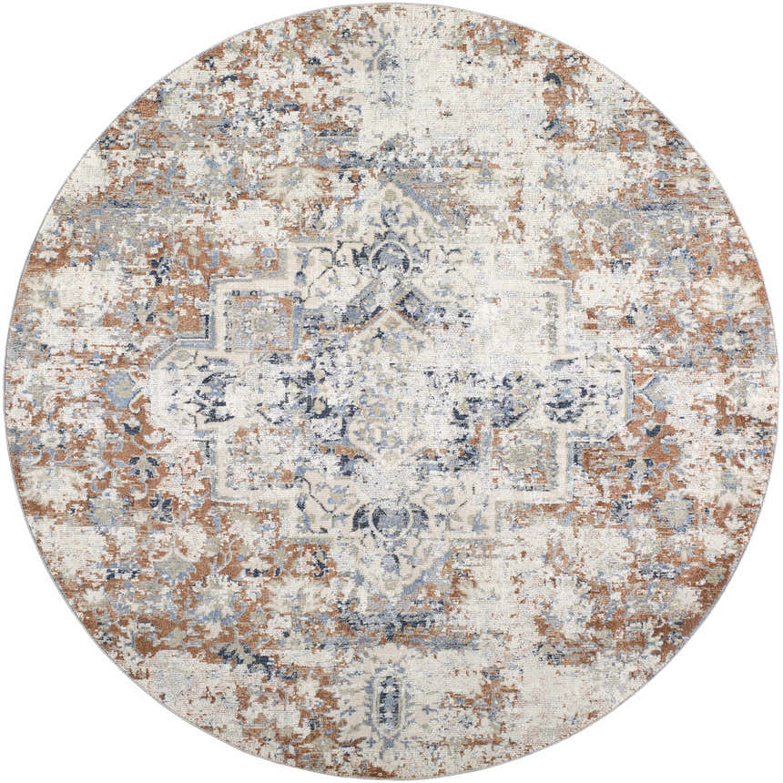 Close-up of round Loughrea Area Rug. Bohemian style rug in cream, brick red, denim, and gray with an oriental pattern. Design-Round-6